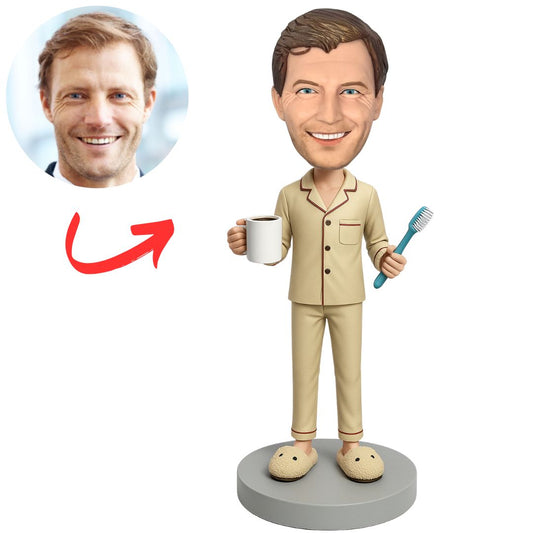 Man in Pajamas Brushing Teeth Custom Bobbleheads