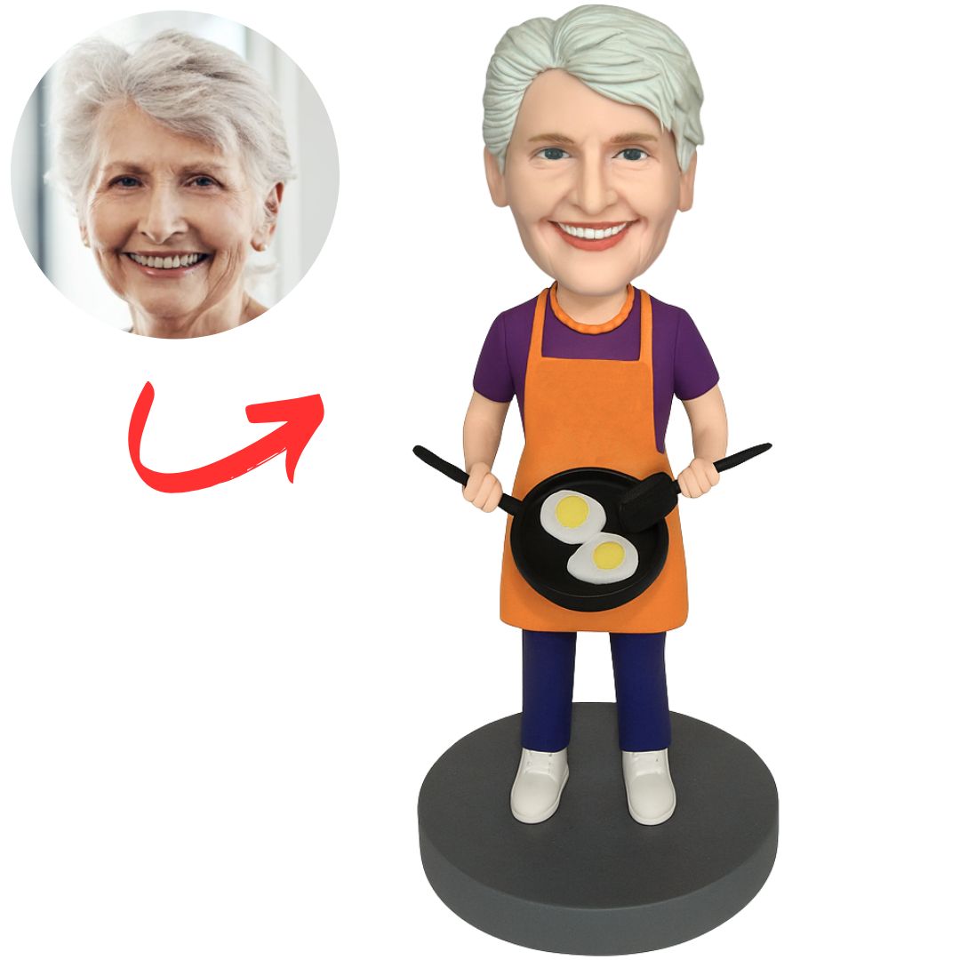 Woman Holding Fried Egg on Flat Base Custom Bobbleheads