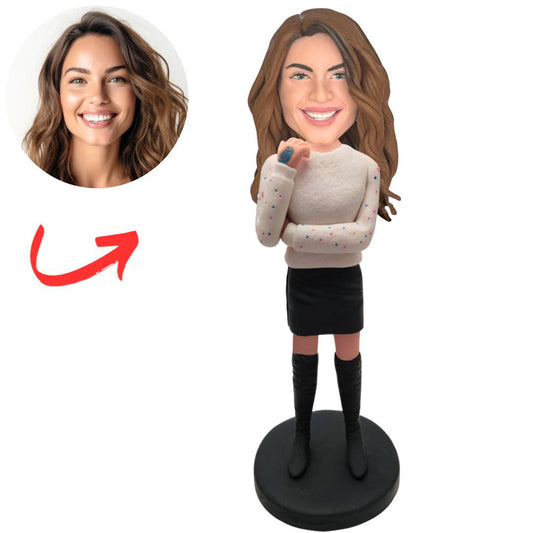 Woman in Cozy Sweater And Black Skirt Custom Bobbleheads