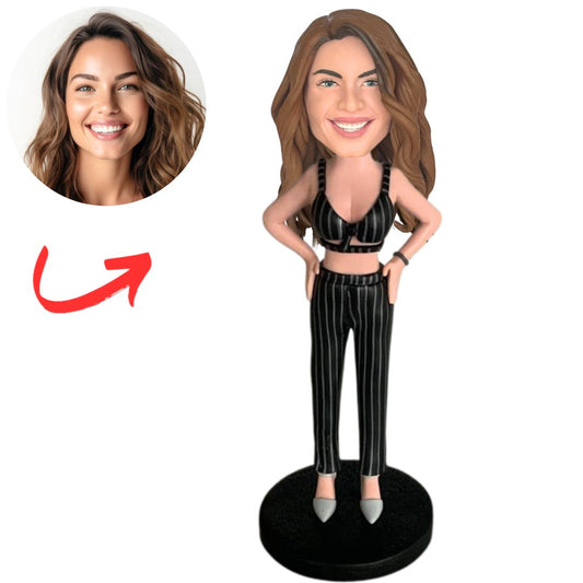 Woman in Stylish Pinstripe Crop Suit Custom Bobbleheads
