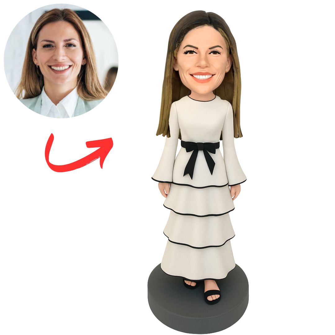 Woman in Elegant Ruffle Dress Custom Bobbleheads