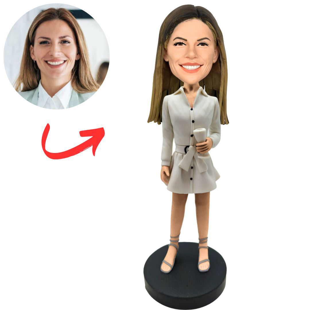 Woman in White Belted Dress Custom Bobbleheads