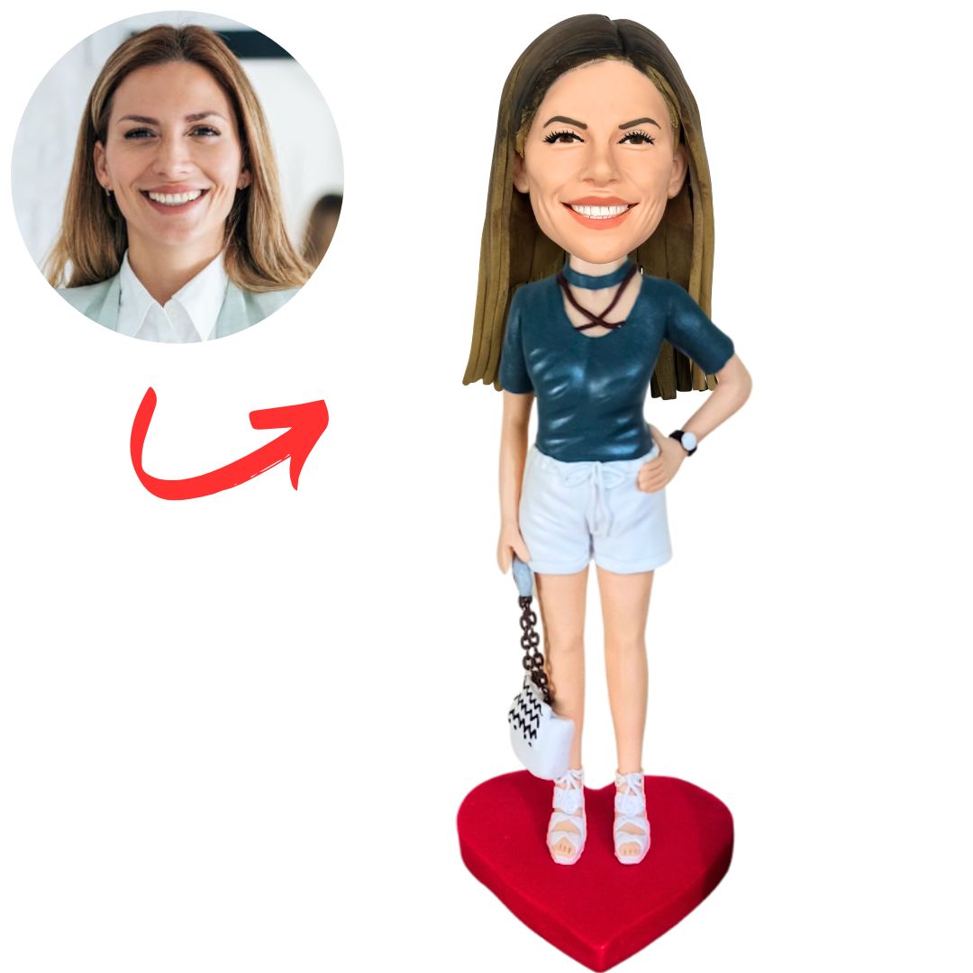 Woman in Summer Outfit with Heart Base Custom Bobbleheads