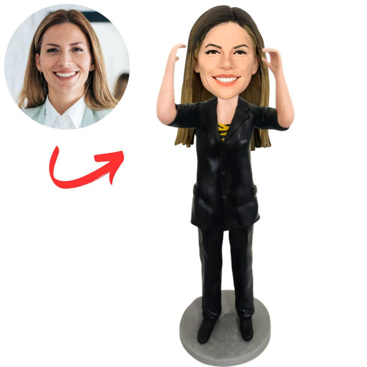 Woman in Black Suit with Raised Hands Custom Bobbleheads