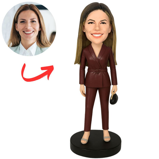 Woman in Burgundy Suit with Clutch Custom Bobbleheads