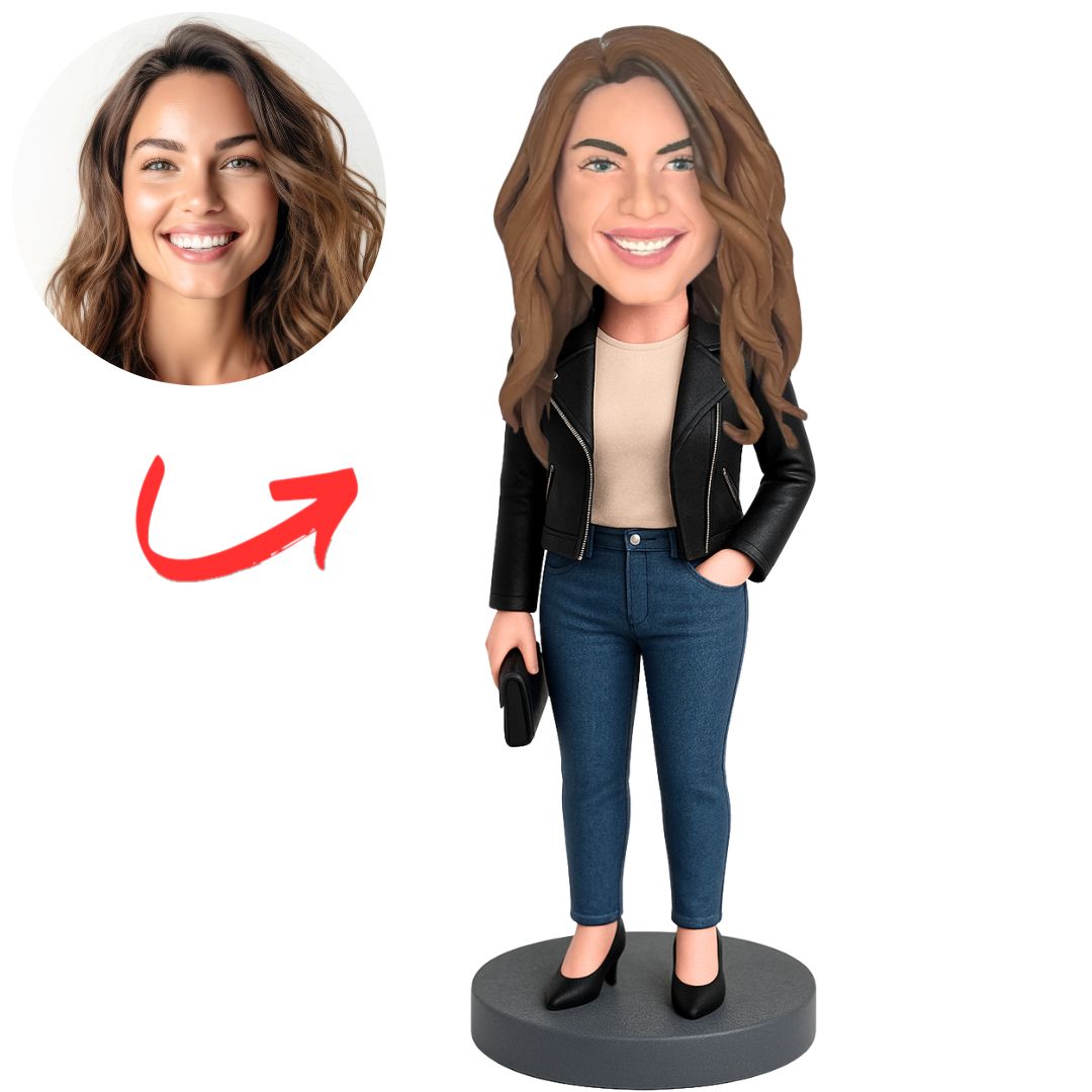 Woman in Stylish Leather Jacket Custom Bobbleheads