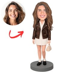 Woman in Brown Leather Jacket Custom Bobbleheads