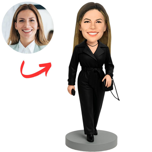 Woman in Elegant Black Jumpsuit Custom Bobbleheads