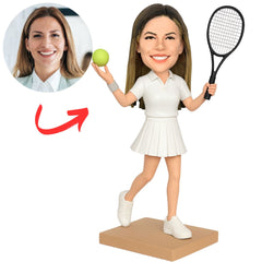 Female Tennis Player in White Sports Outfit Custom Bobbleheads