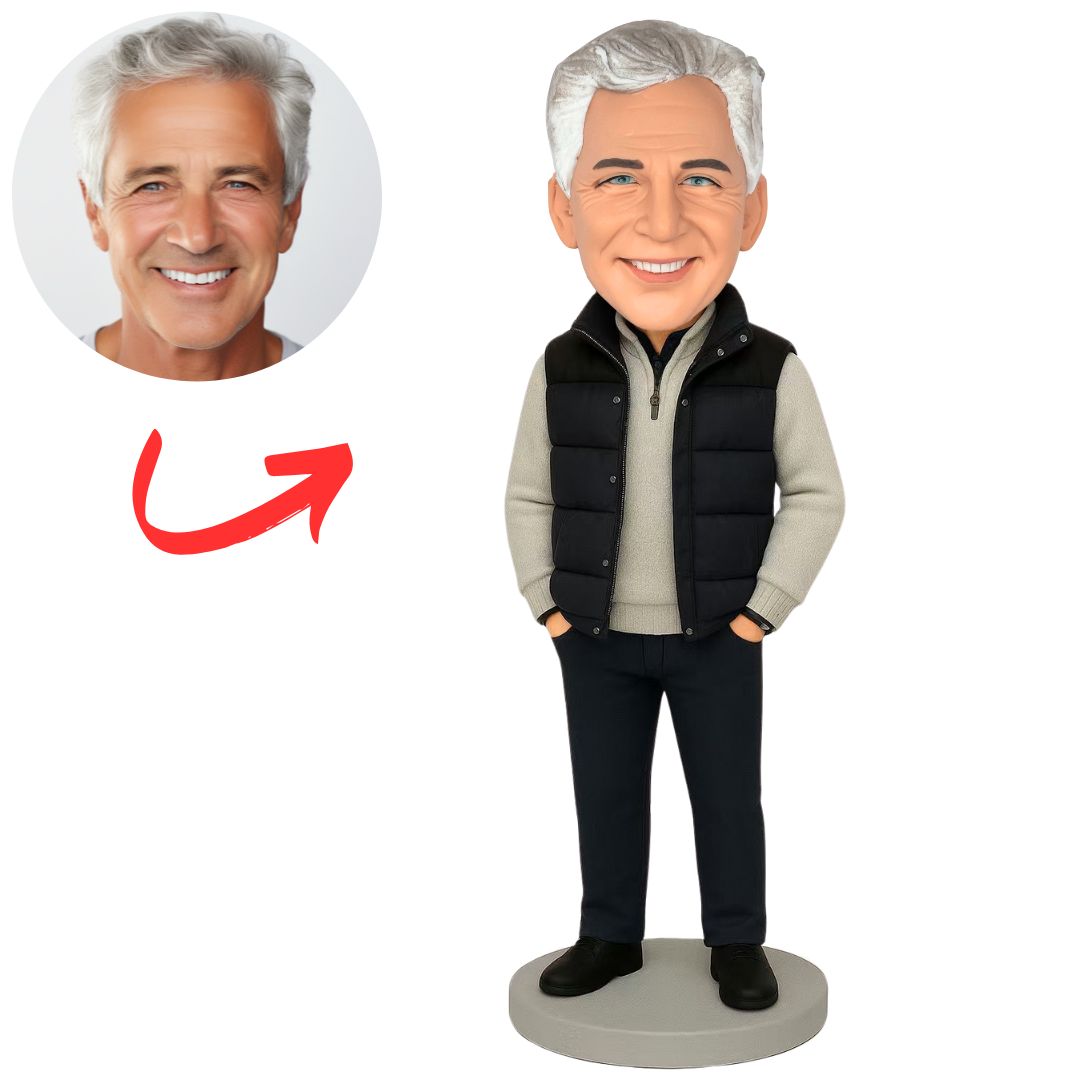 Happy Man in Black Vest Custom Bobbleheads