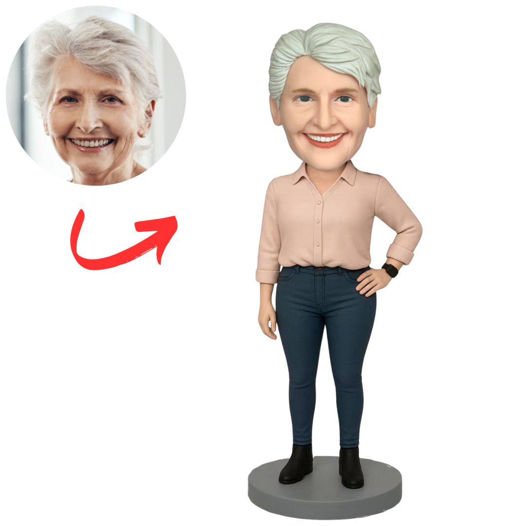 Woman in Pink Shirt and Jeans Custom Bobbleheads