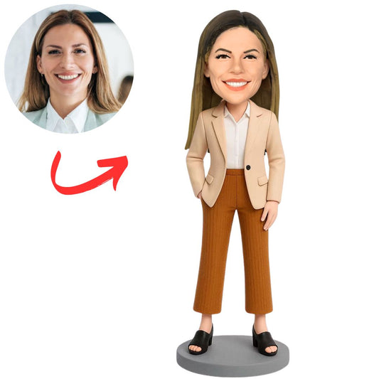 Woman in Beige Blazer and Brown Pants Custom Bobbleheads