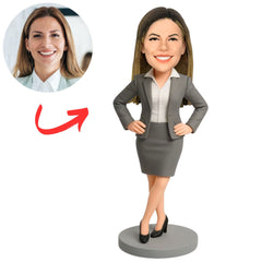 Grey Suit Happy Business Woman Custom Bobbleheads