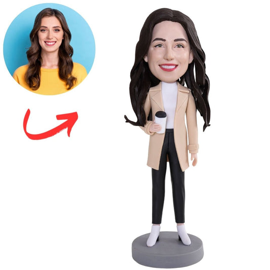 Stylish Woman in Beige Coat Custom Bobbleheads
