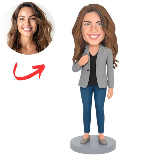 Business Woman in Grey Jacket Custom Bobbleheads