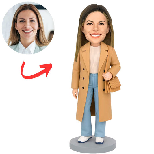Casual Woman in Brown Trench Coat Custom Bobbleheads