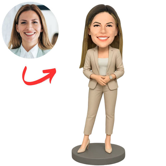 Business Woman Wearing Beige Suit Custom Bobbleheads