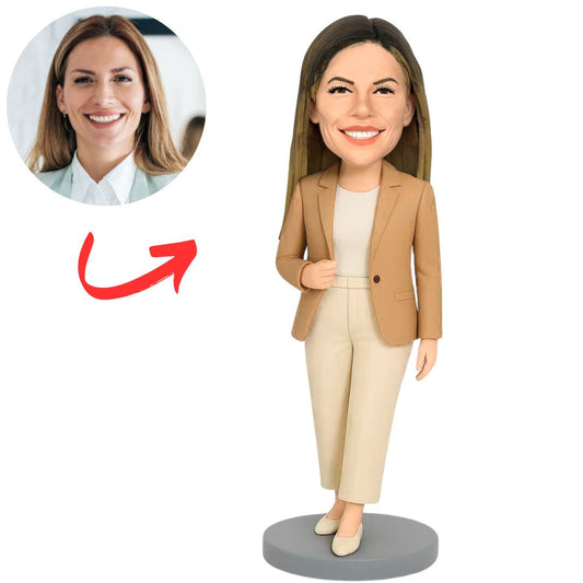 Fashionable Woman Wearing Khaki Coat Custom Bobbleheads
