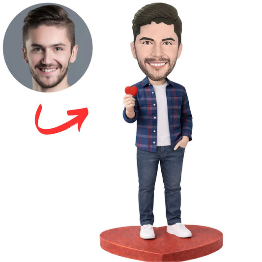 Plaid Shirt Man with Small Love Heart Custom Bobbleheads