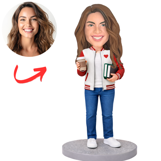 Girl in Heart Coat Holding Coffee Custom Bobbleheads