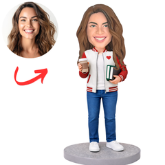 Girl in Heart Coat Holding Coffee Custom Bobbleheads