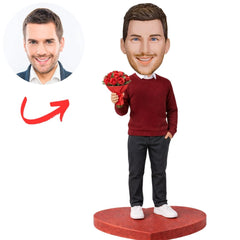 Casual Man Holding Roses Custom Bobbleheads