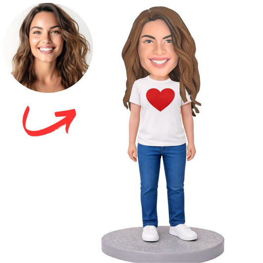 Casual Woman with Love Heart Shirt Custom Bobbleheads