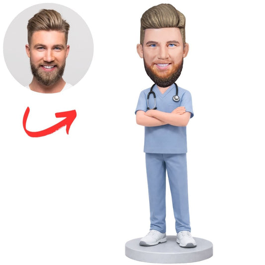 Cool Male Nurse in Blue Scrub Custom Bobbleheads