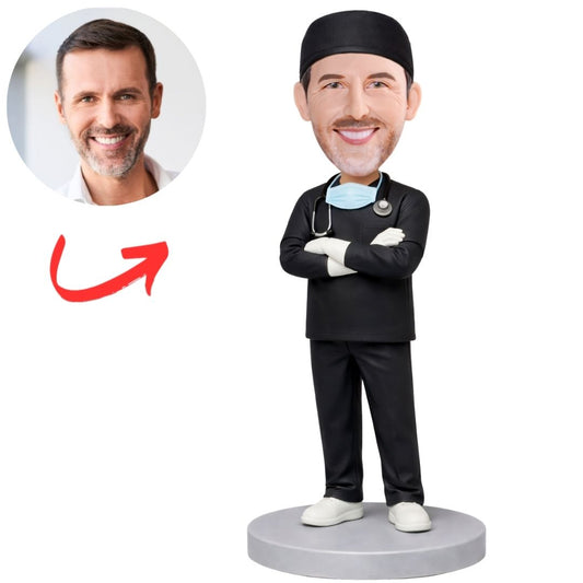 Cool Doctor in Black Scrub Custom Bobbleheads