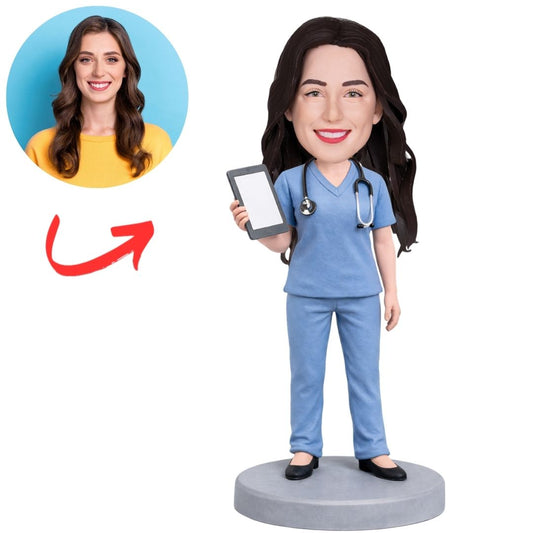 Female Nurse in Blue Scrub Personalized Bobbleheads