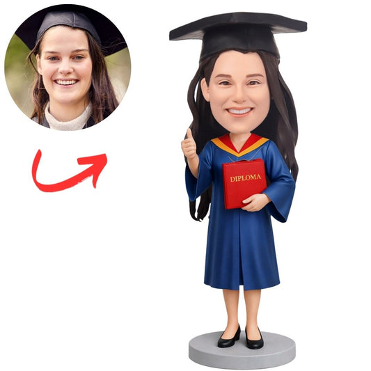 Girl Wearing Blue Graduation Gown Custom Bobbleheads