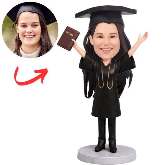Happy Graduation Girl with Raised Arms Custom Bobbleheads