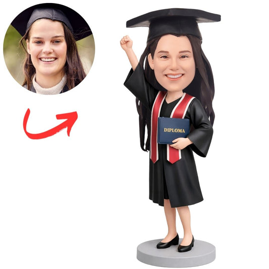 Graduation Girl with Raised Fist & Diploma Book Custom Bobbleheads