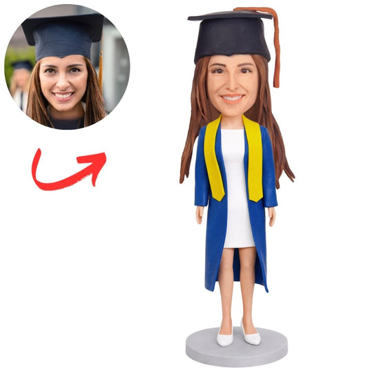 Graduation Girl in Blue Gown with Yellow Stole Custom Bobbleheads