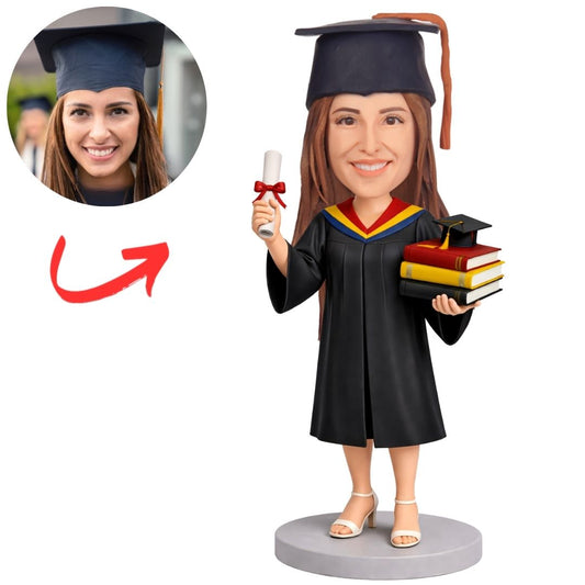 Female Graduation Figure Holding Diploma & Book Stack Custom Bobbleheads