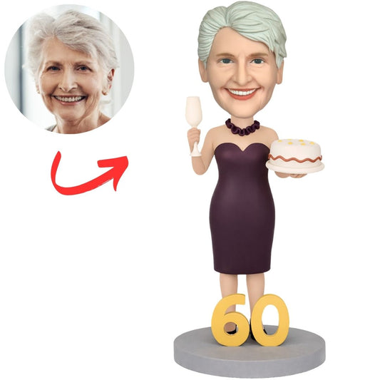 Happy 60th Birthday Custom Bobbleheads Birthday Gift with Cake
