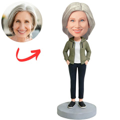 Stylish Woman Wearing Green Hoodie Custom Bobbleheads