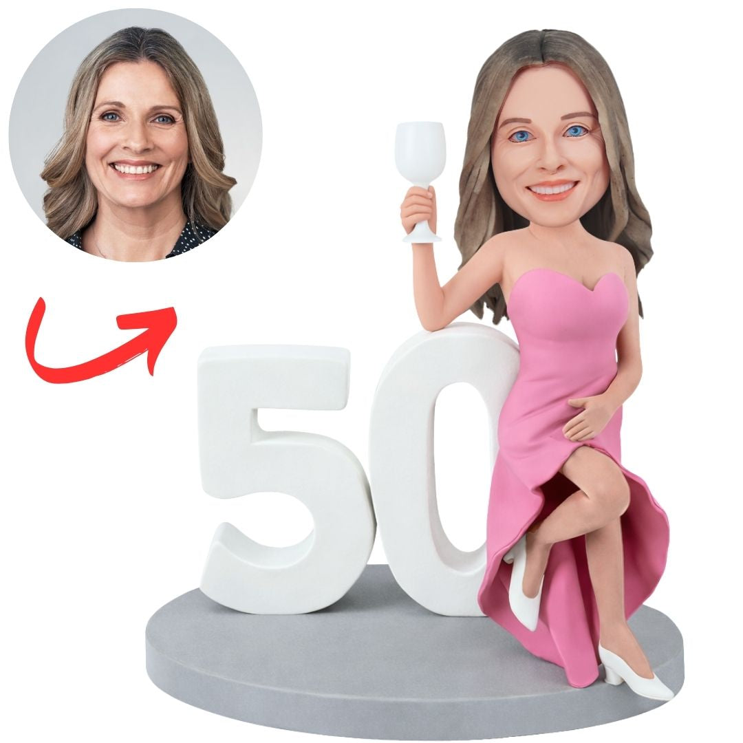50th Woman with Wine Glass Custom Bobbleheads