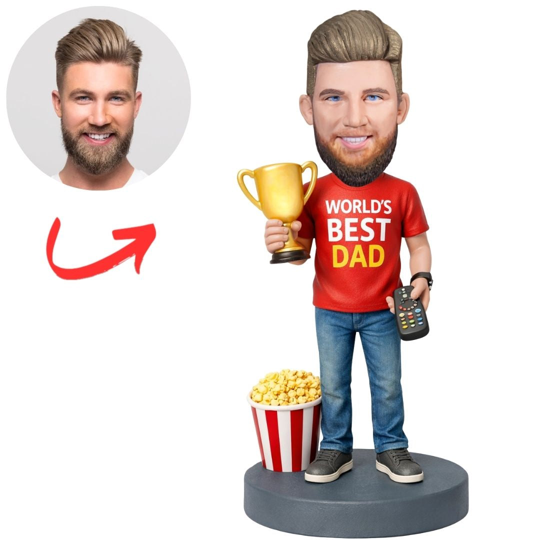 World's Best Dad Golding Trophy and Remote Control Custom Bobbleheads