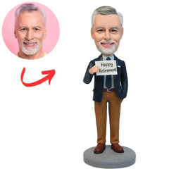 Retirement Man in Suit Holding Happy Retirement Sign Custom Bobblehead