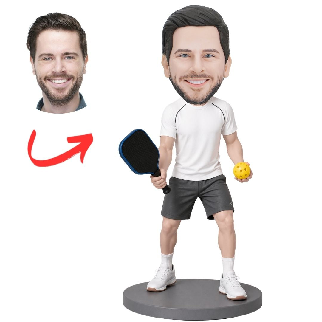 Pickleball Player Holding Paddle and Ball Custom Bobbleheads