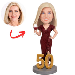 50th Birthday Woman in Burgundy Dress Holding Wine Glass Custom Bobbleheads