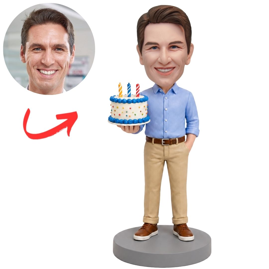 Man Holding Birthday Cake Custom Bobbleheads