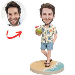 Tropical Beach Holding Coconut Drink Hawaiian Shirt Man Custom Bobbleheads