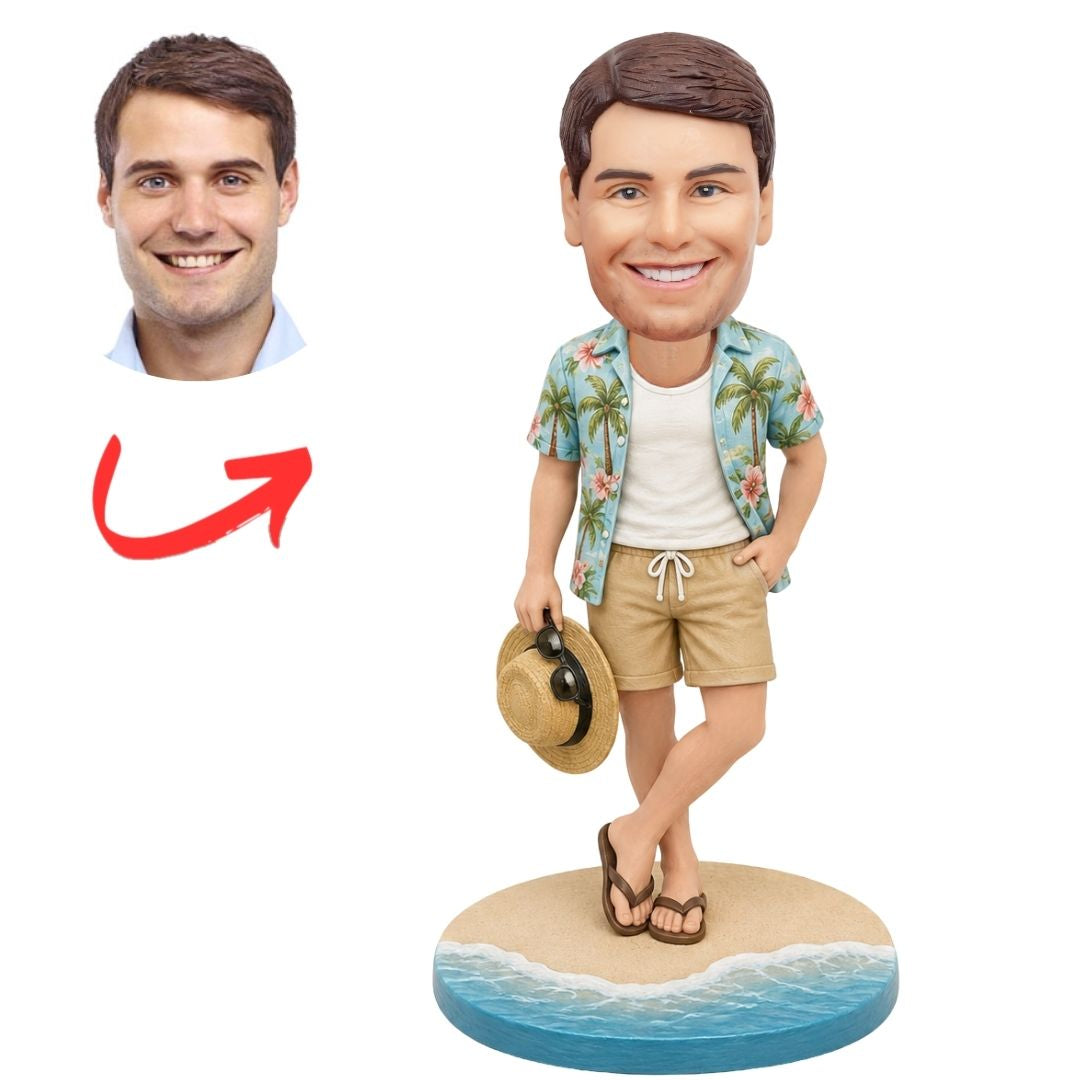Hawaiian Shirt Man Holding Sun Hat and Sunglasse Custom Bobbleheads