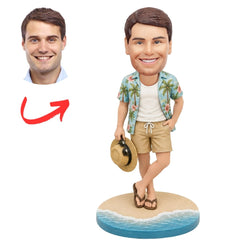 Hawaiian Shirt Man Holding Sun Hat and Sunglasse Custom Bobbleheads