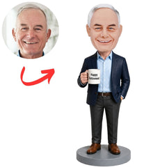 Retired Businessman Holding Happy Retirement Mug Custom Bobbleheads