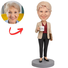 Female Retirement Holding Happy Retirement Mug Custom Bobbleheads