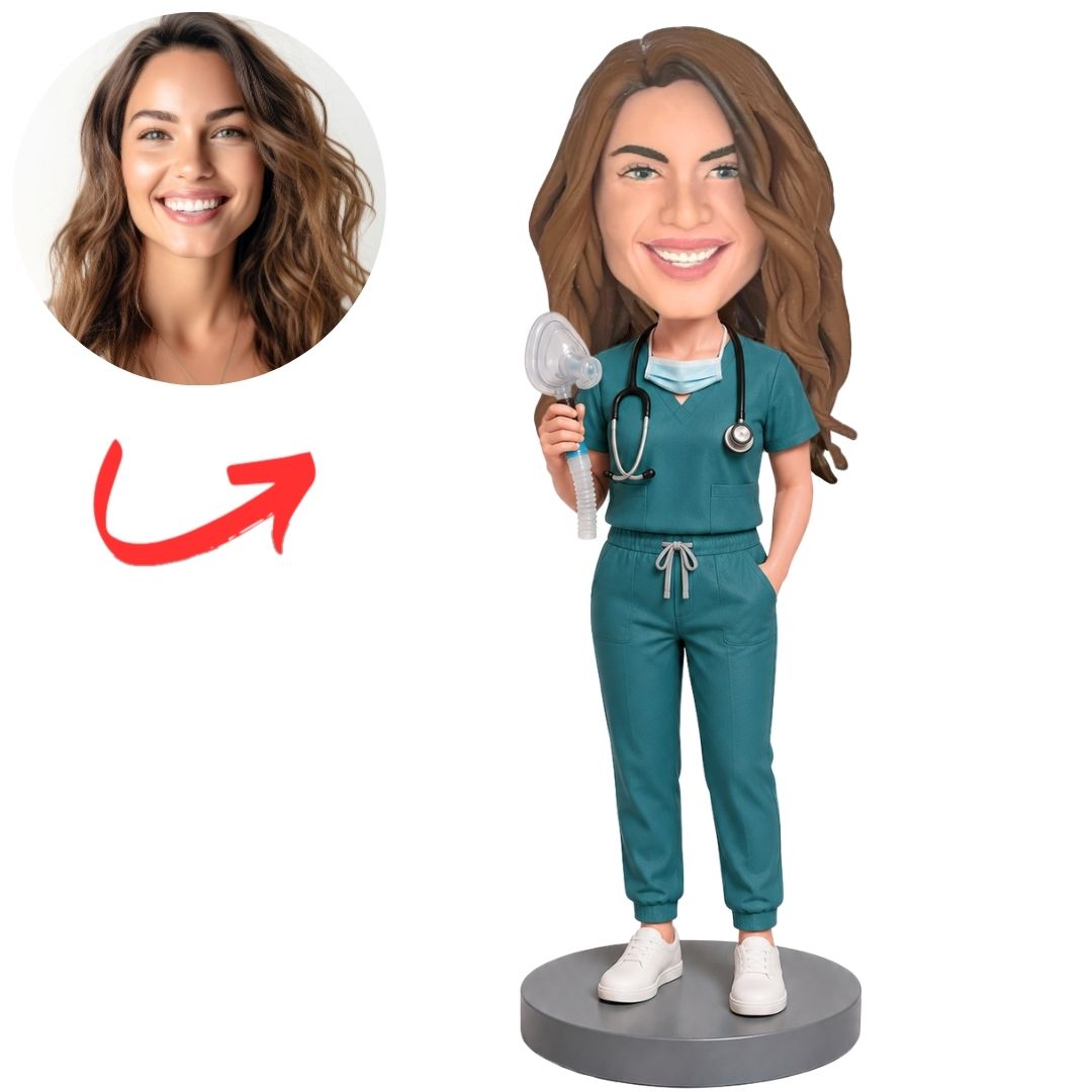 Anesthesiologist in Teal Scrubs with Stethoscope Custom Bobblehead