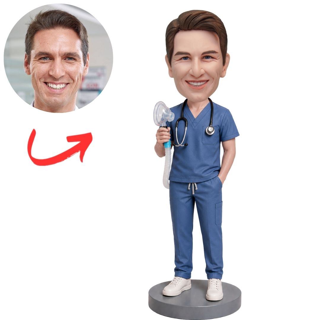 Anesthesiologist in Blue Scrubs with Stethoscope Custom Bobblehead